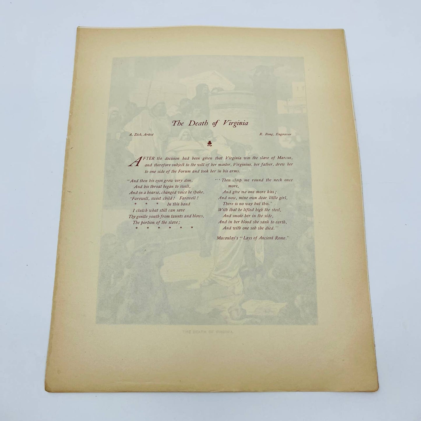 1880s Victorian Art Print Engraving Macaulay THE DEATH OF VIRGINIA A. Zick
