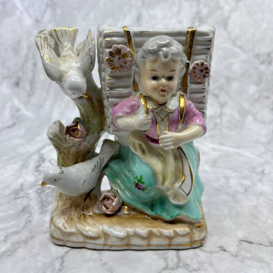 Vintage Bone China Planter Vase Colonial/Victorian Lady Gold Accents 4.5x5.5 TA1