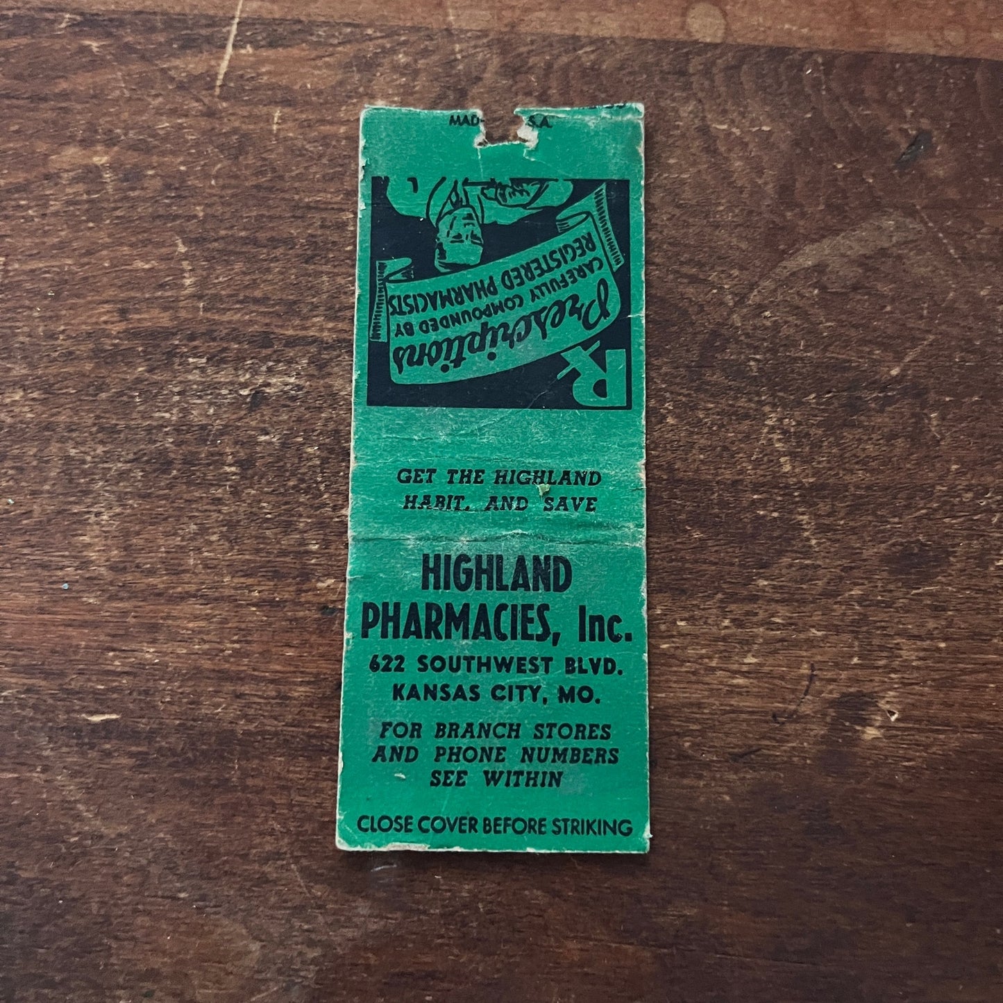 Highland Pharmacies Kansas City MO Advertising Matchbook Cover MM11-4