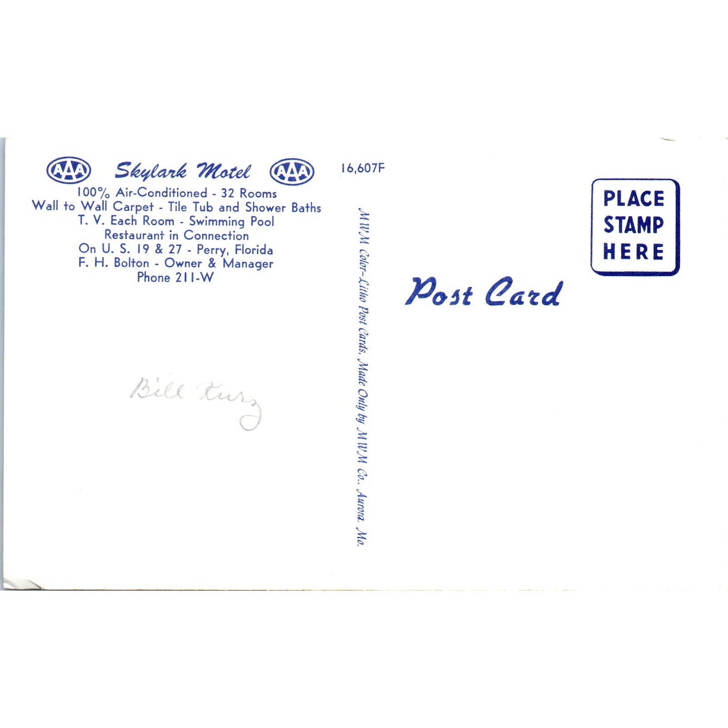 Skylark Motel F.H. Bolton Perry Florida - Original Postcard TJ7-RP2