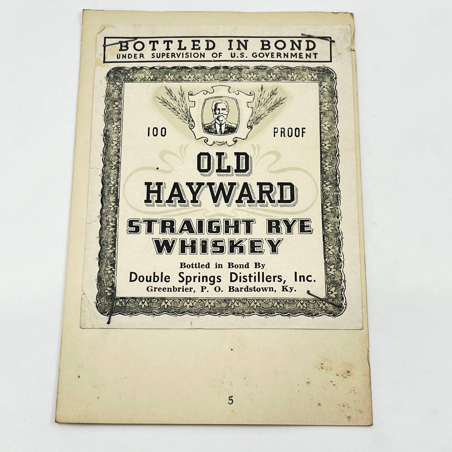 Old Hayward Rye Whiskey Label Double Springs Distillers Greenbrier KY