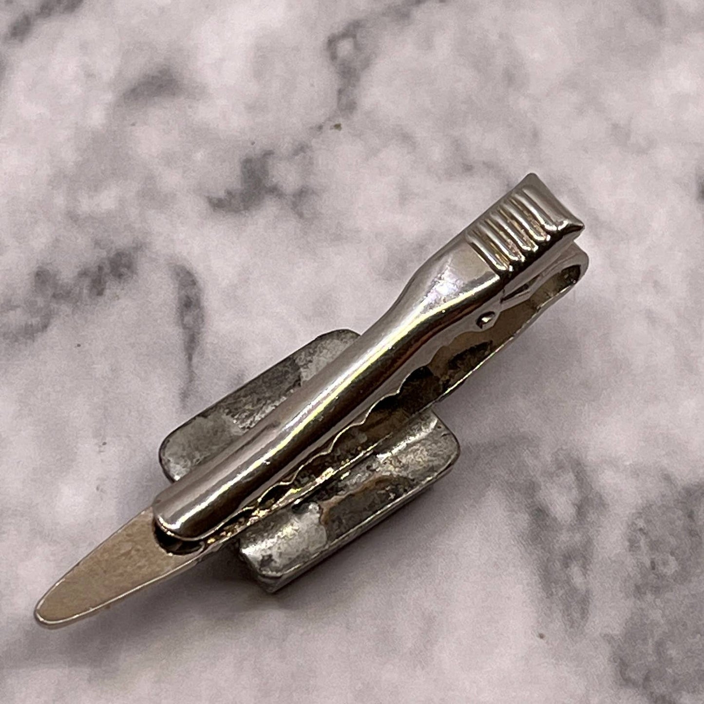 Vintage Silver Tone Polished Stone Agate Tiger Eye Tie Clip Bar Clasp SA2-2