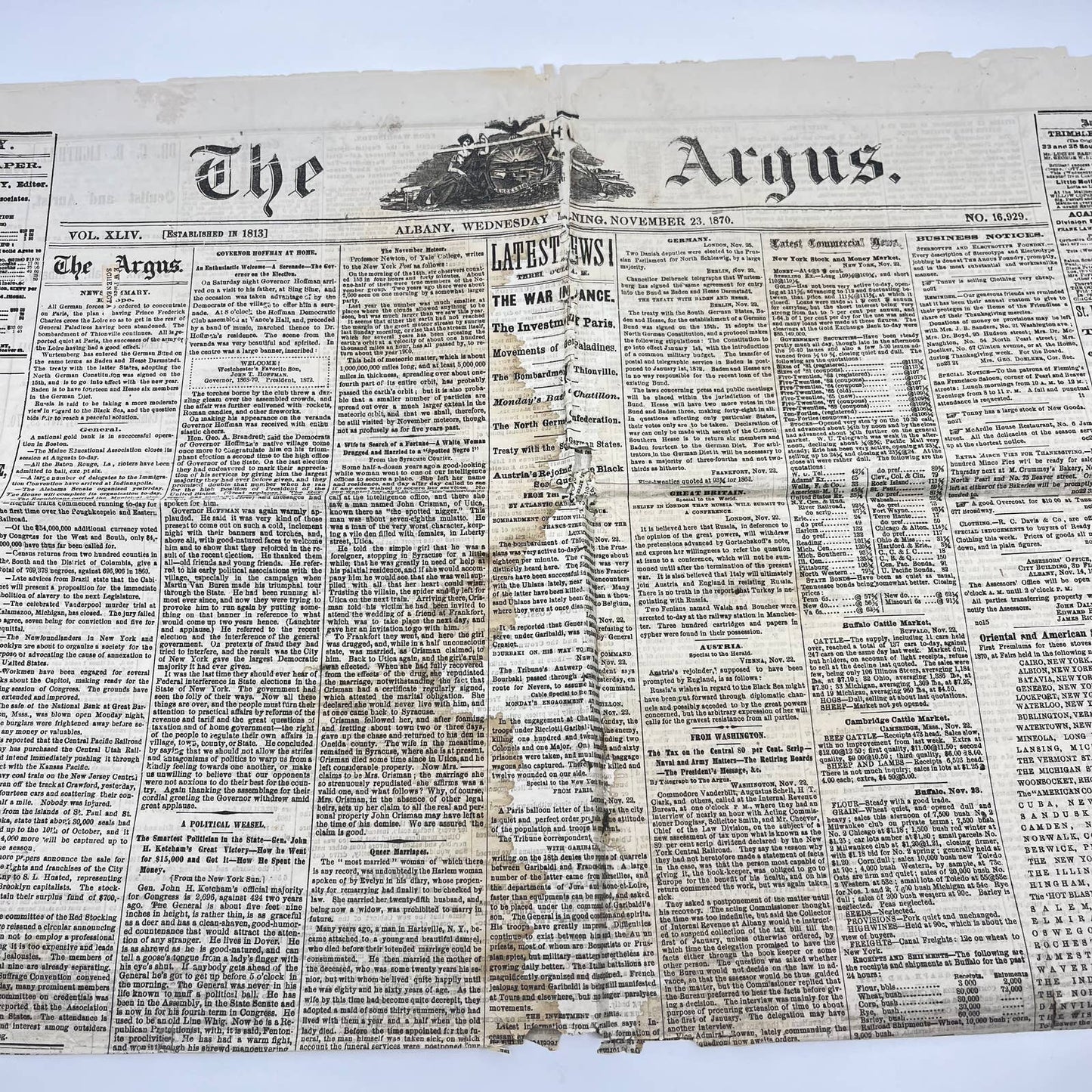 1870 The Argus Newspaper November 23 Albany NY FRENCH REVOLUTION TE2