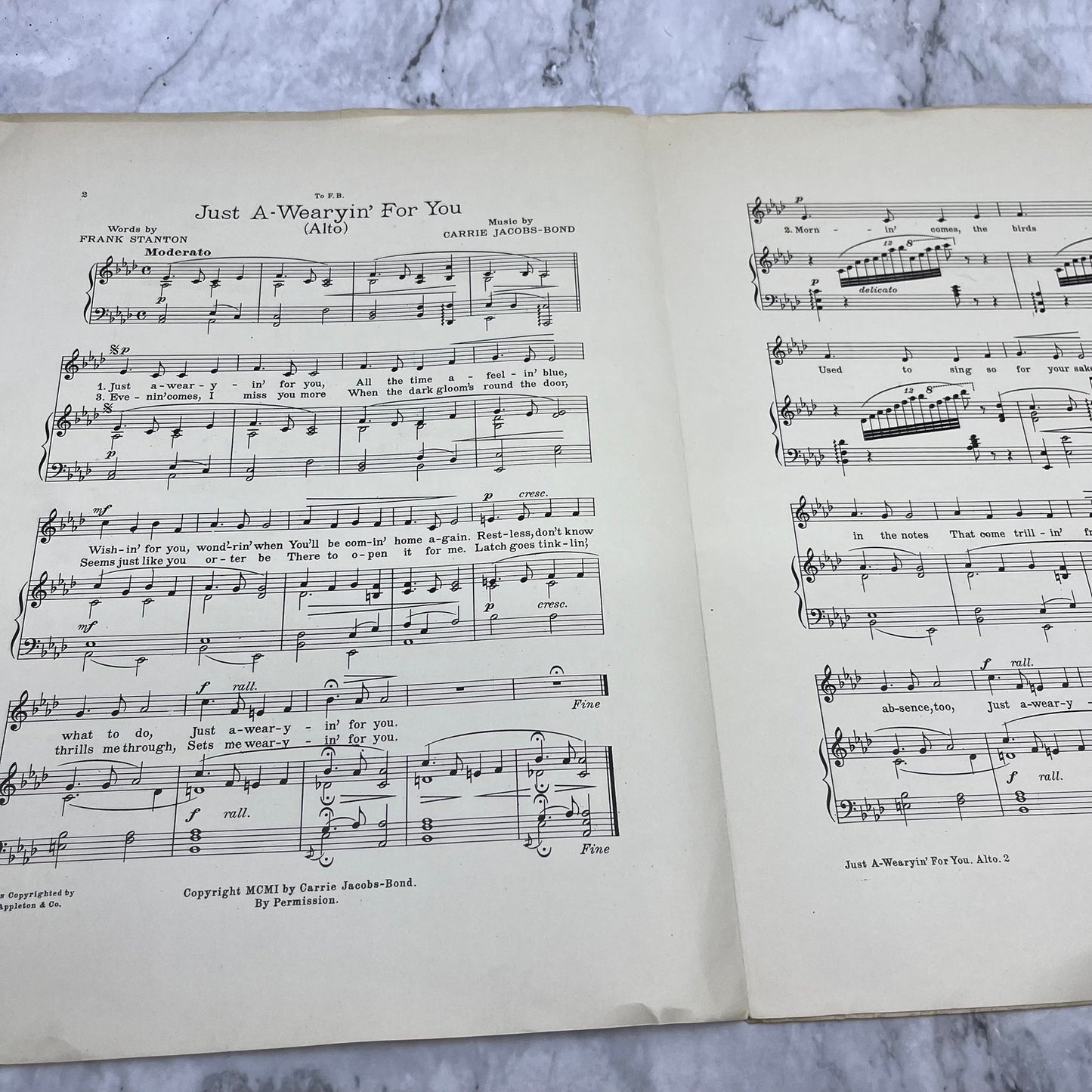1901 Just A-Wearyin’ For You Frank Stanton Carrie Jacobs Bond Sheet Music V39-4