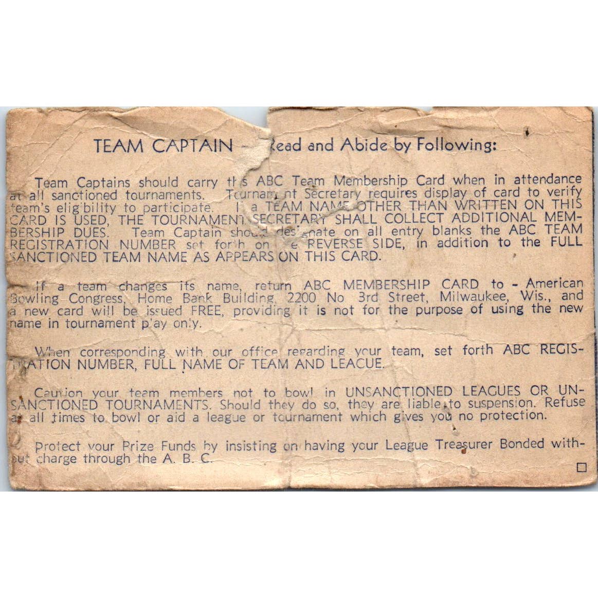 1942 American Bowling Congress Milwaukee Membership Card SE5-1