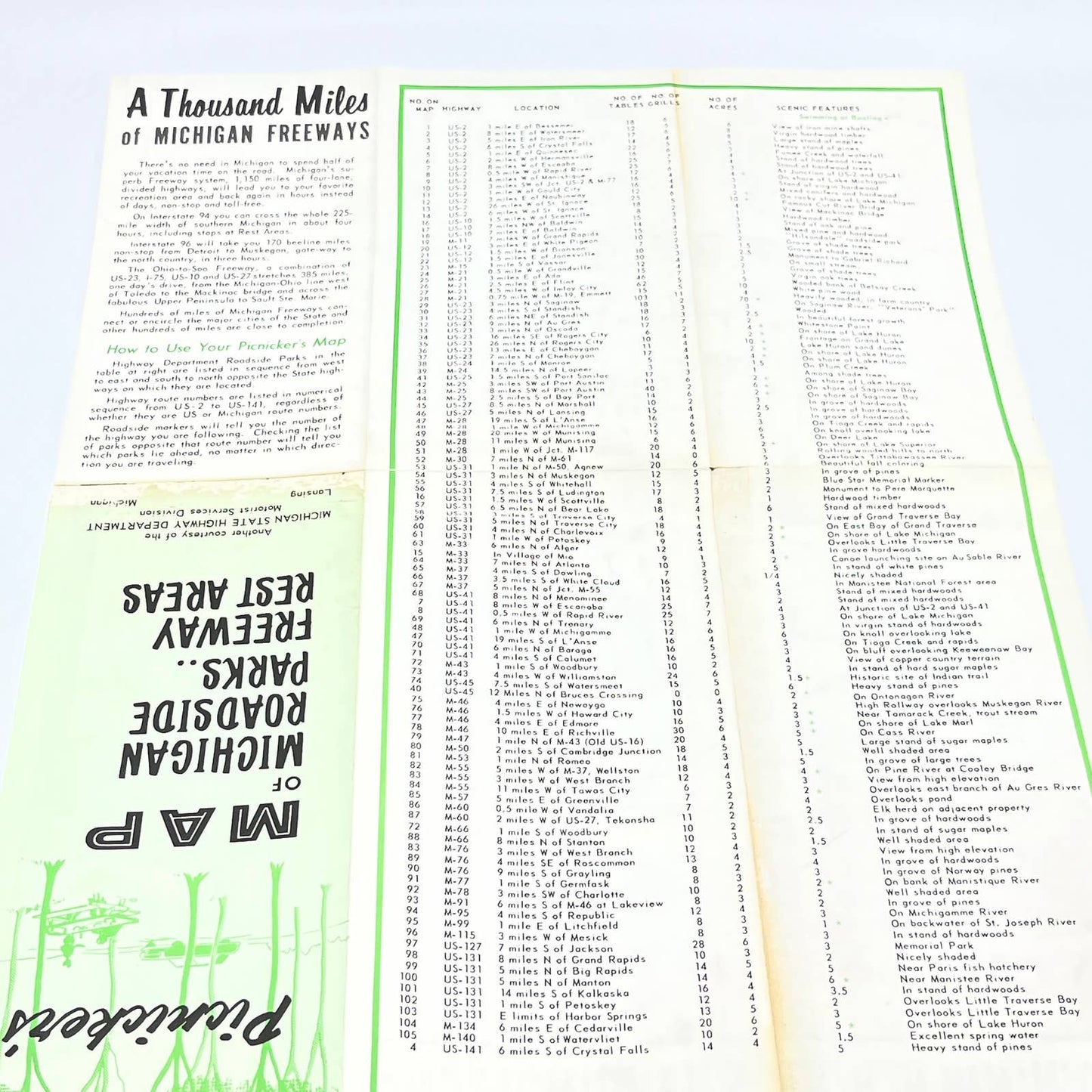 1960s Picnicker's Map of Michigan Roadside Parks & Freeway Rest Areas AC1