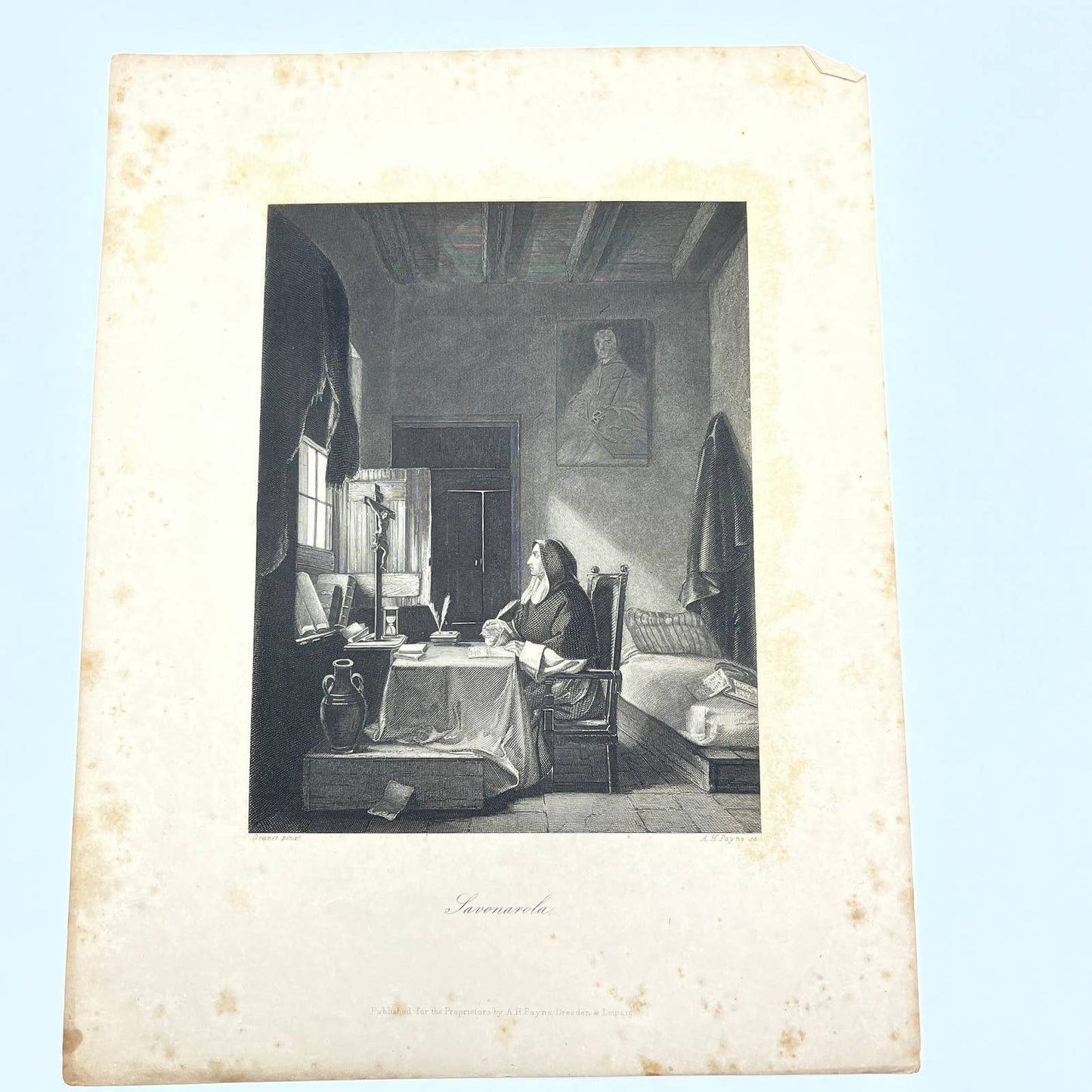 1864 Original Steel Art Engraving - Savonarola François Marius Granet AC3