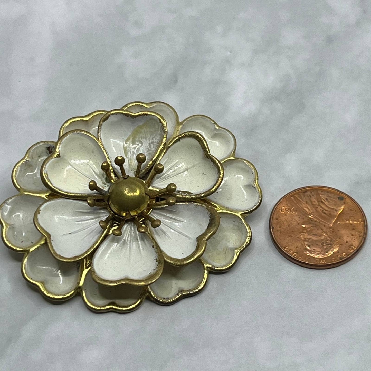 MCM Brooch Brass Tone Textured Flowers Cream Enamel Bead Center Vintage SE6