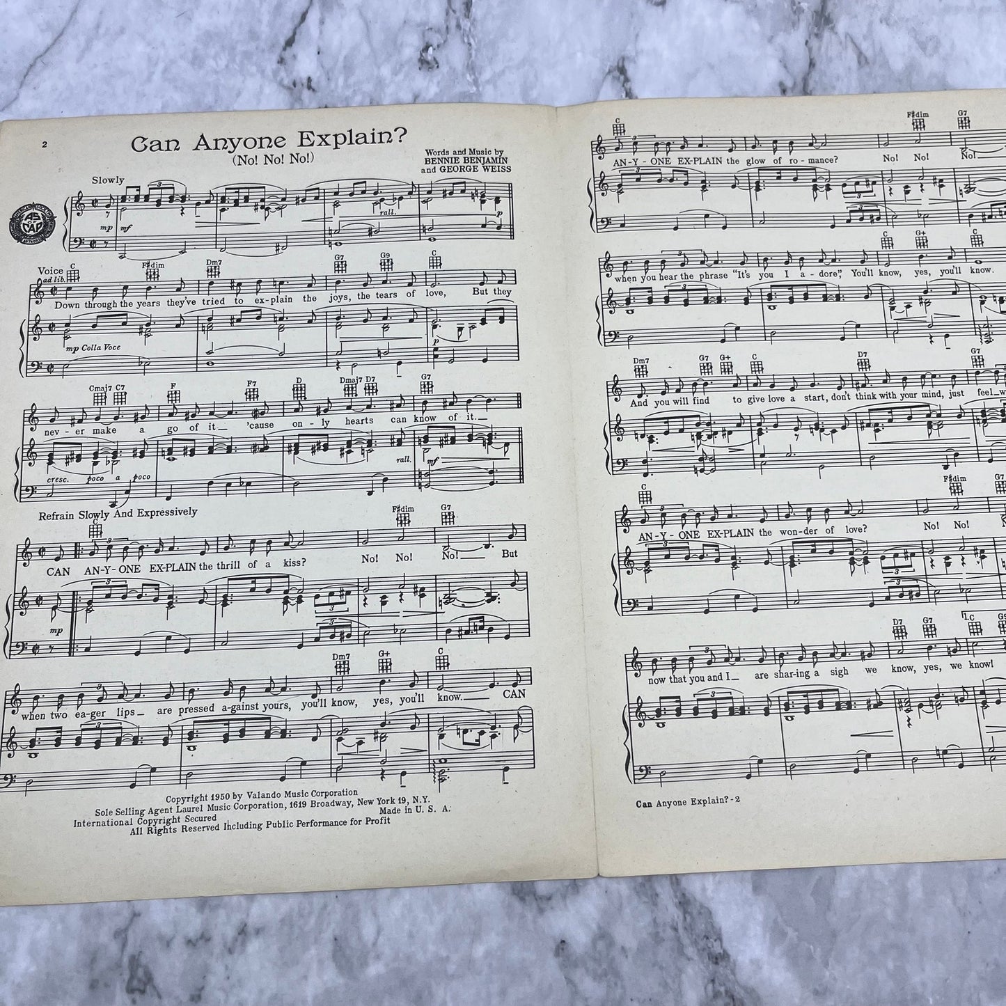 1950 "CAN ANYONE EXPLAIN?" Benjamin & Weiss Sheet Music THE AMES BROTHERS V42-2