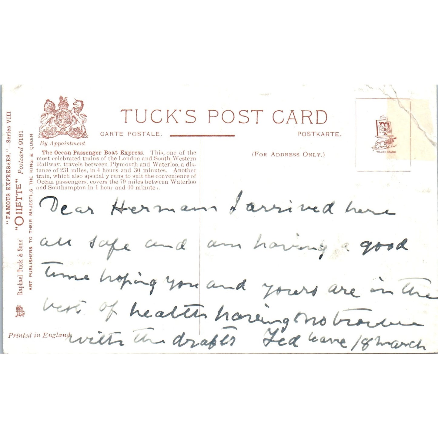 The Ocean Passenger Boat Express Train Raphael Tuck Oilette Postcard P2-1