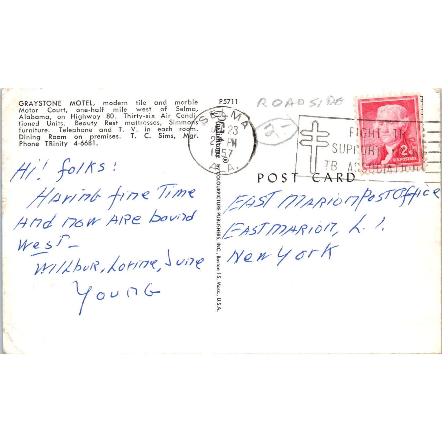 Greystone Motel Selma Alabama T.C. Sims 1957 Original Postcard P3-3
