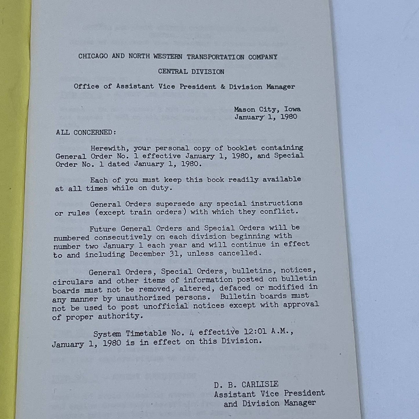 1980 Chicago & Northwestern Railroad Central Division General Order No. 1 TG6