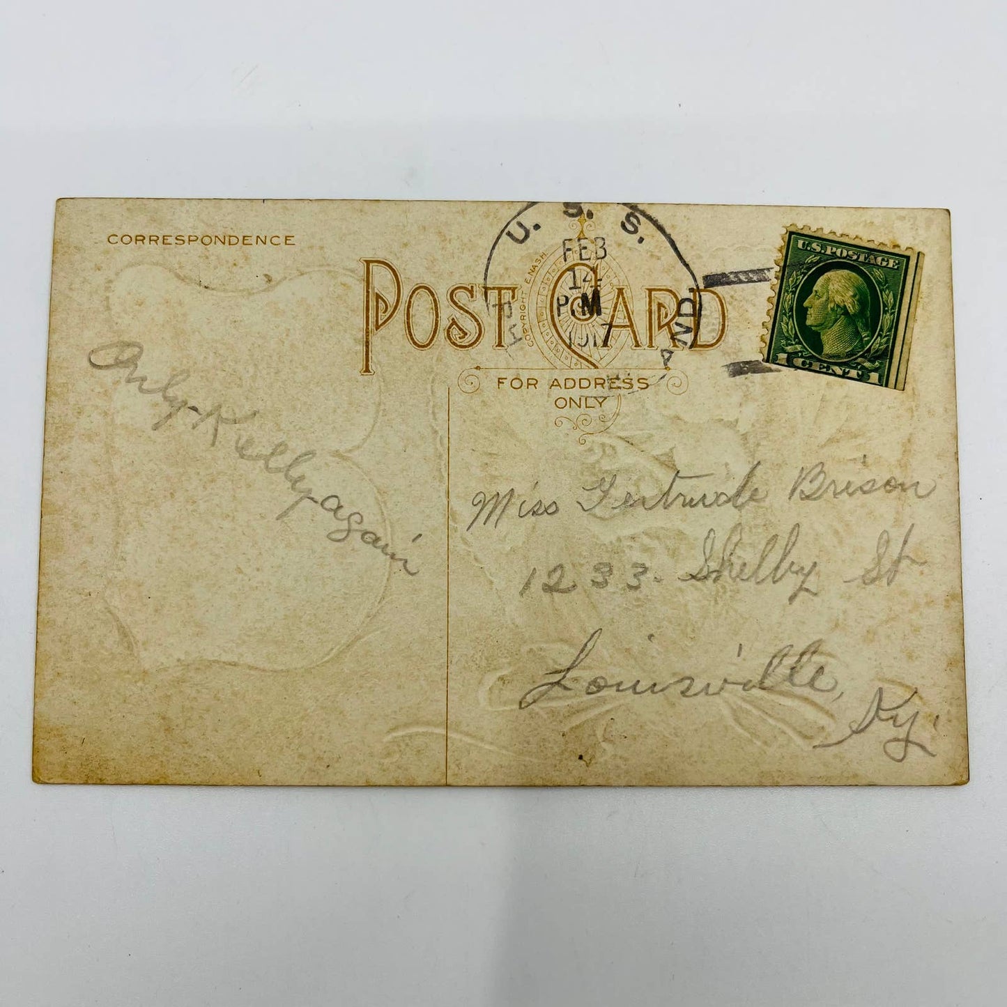 1914 Valentine’s Post Card Cupid Heart Mandolin Embossed PA3