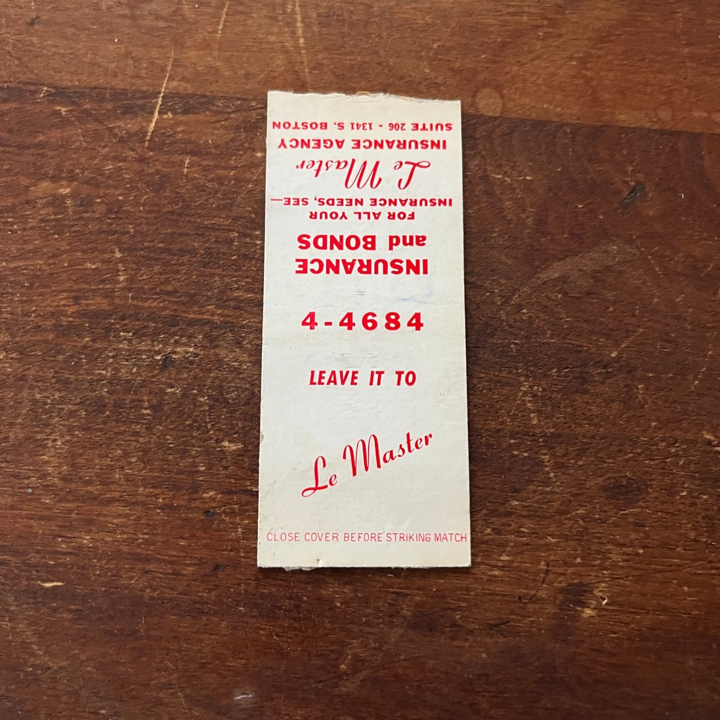 Le Master Ins. Agency Boston Advertising Matchbook Cover MM11-4