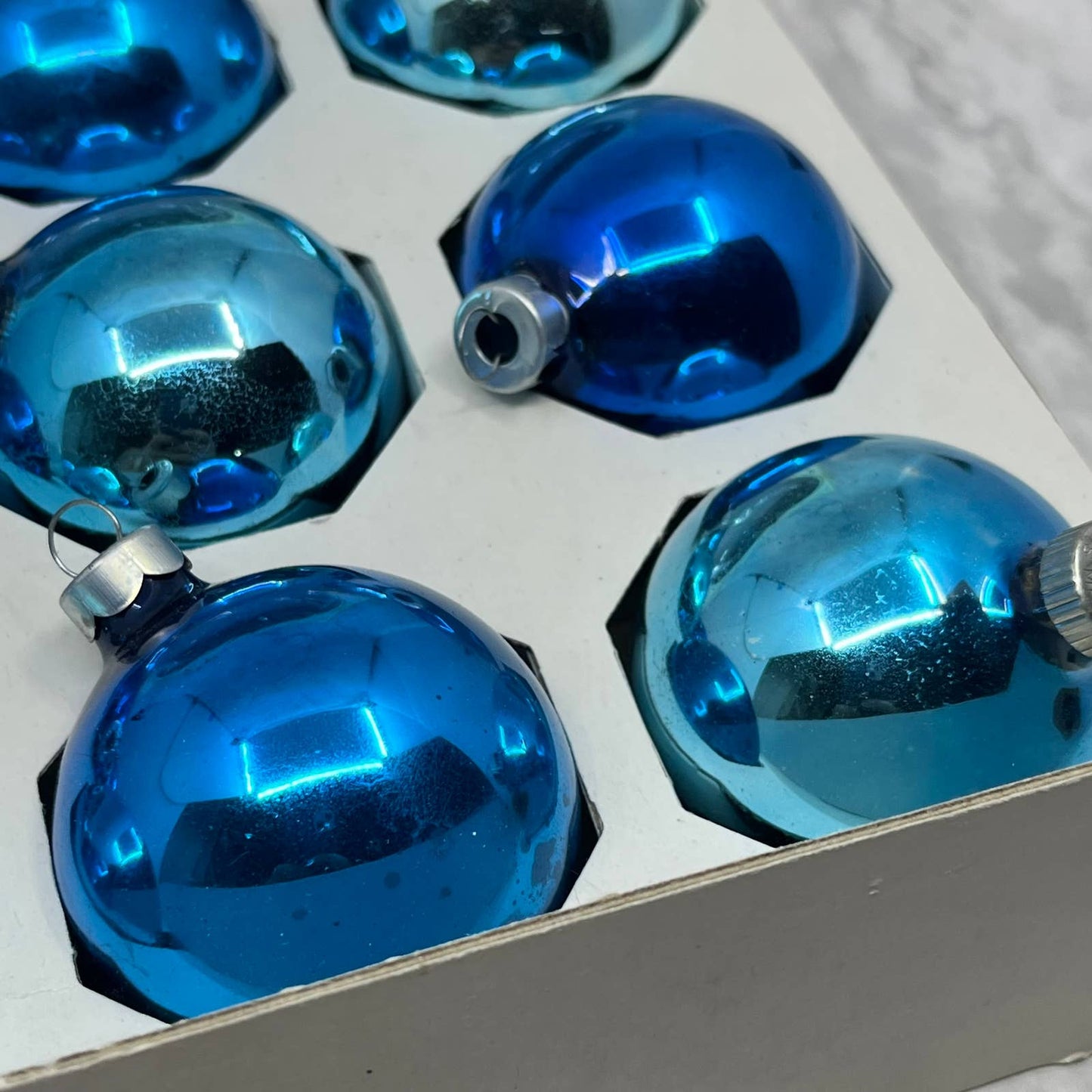 Shiny Brite 12 Vintage 2 1/4" Mercury Glass Ornaments Original Box Blue OT1-2