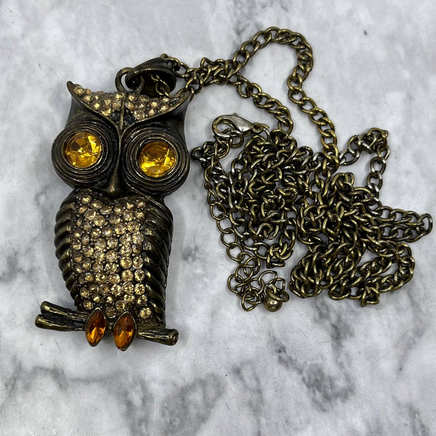 Vintage Charming Rhinestone Owl Pendant Necklace Costume Jewelry TJ9