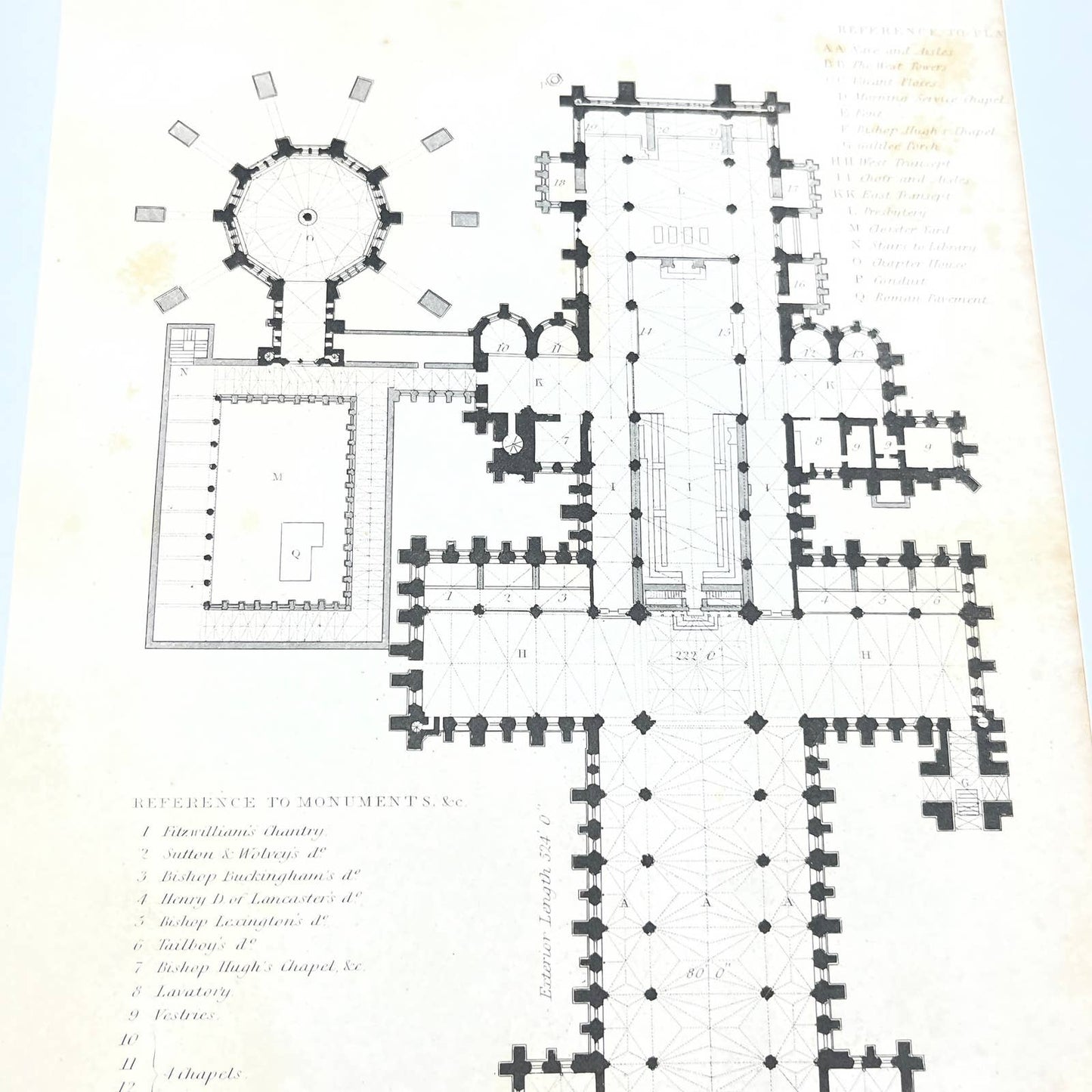 1836 Original Art Engraving Lincoln Cathedral West Front Floor Plan and Bio TG6-