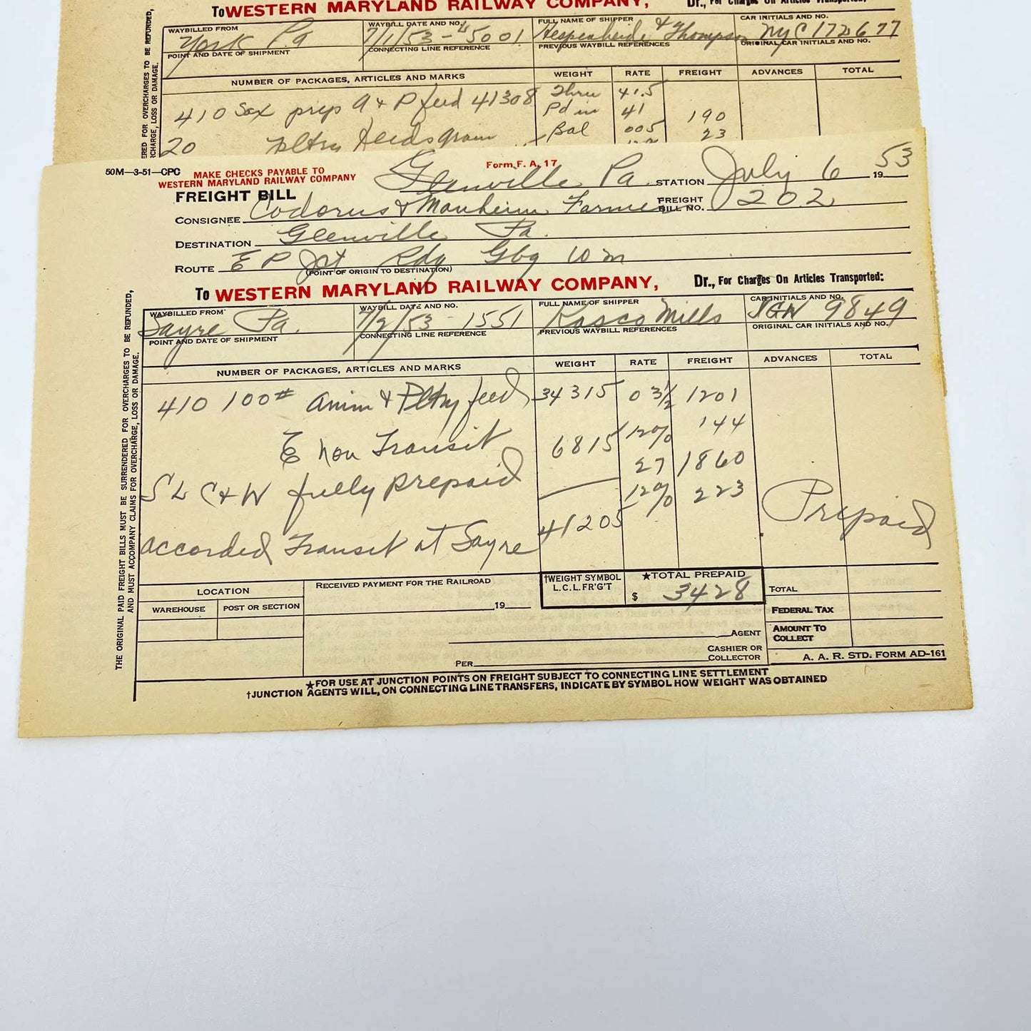 1953 Western Maryland Railway Company Bill of Freight Lot of 3 AA8