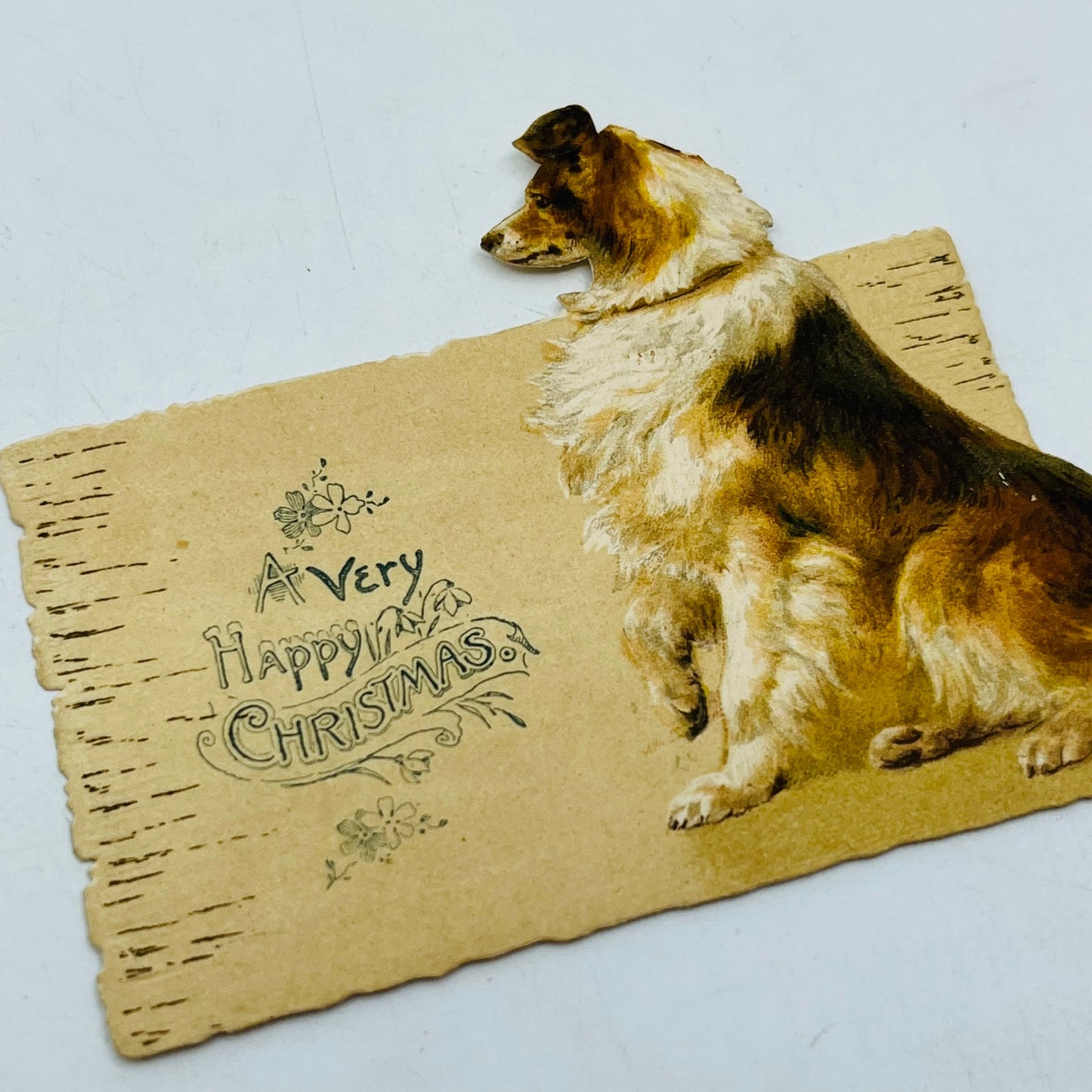 1880s Victorian Die Cut Christmas Greeting Card Collie Dog AH9-M9