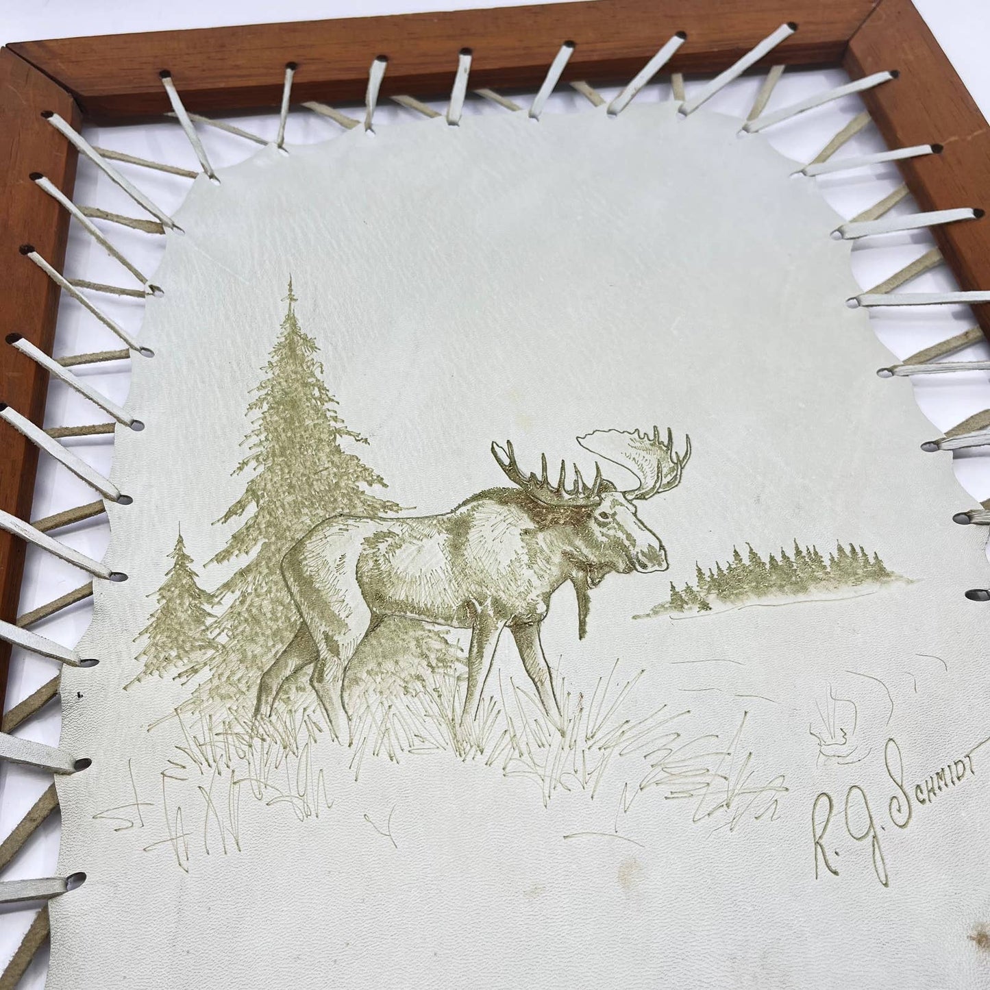 Vintage Large Framed Tooled Leather Art Moose Scene R. J. Schmidt 20x16”