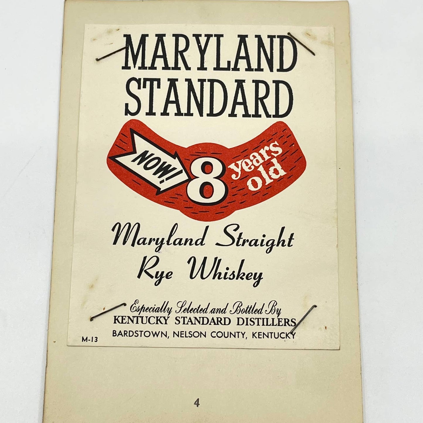 Maryland Standard Rye Whiskey Label Kentucky Standard Distillers Bardstown