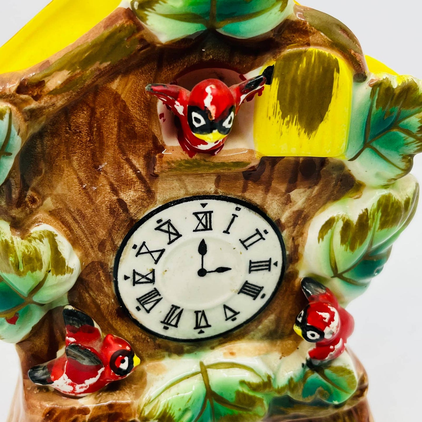 1960s Ceramic Bird House Cardinals Cuckoo Clock Wall Pocket Planter 7 x 6” TC8