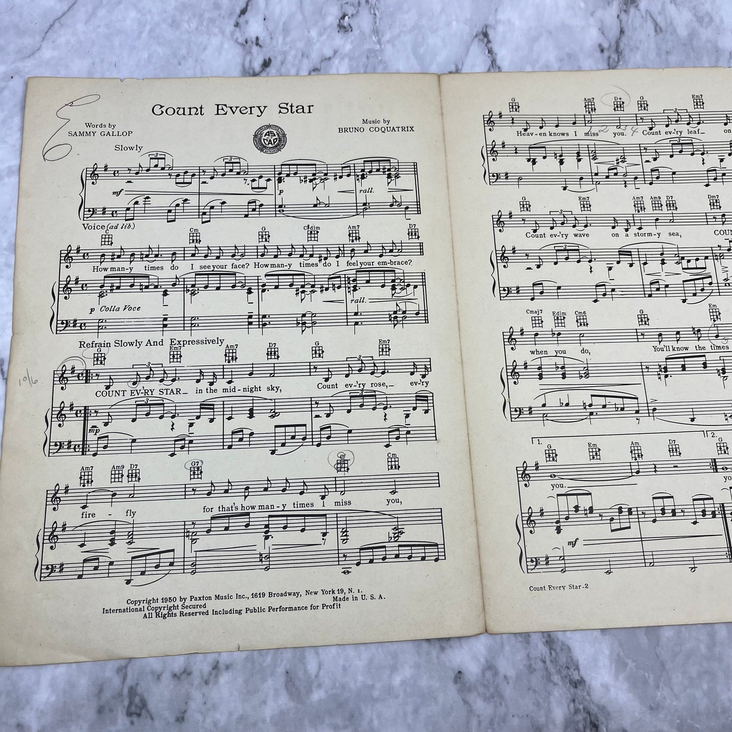 Vintage 1950 Count Every Star Paxton Music Sammy Gallop Bruno Sheet Music V38