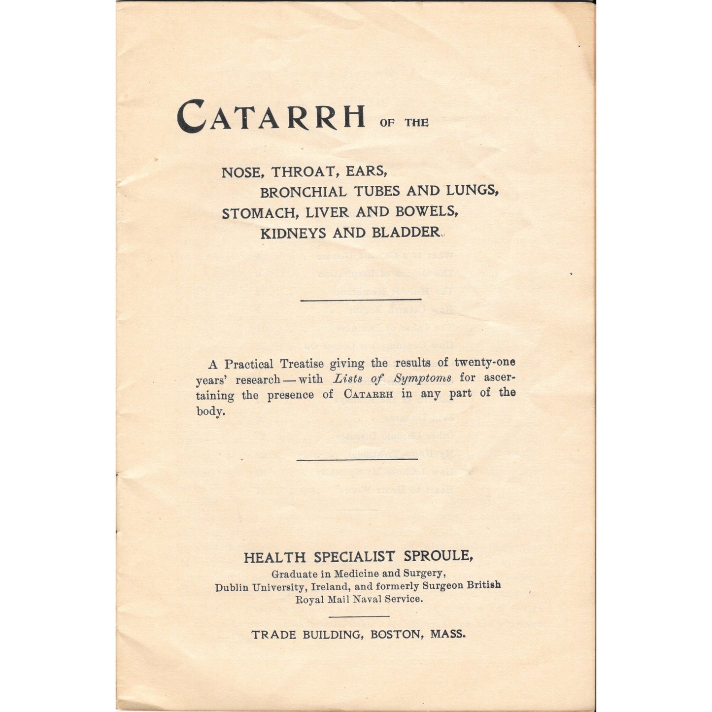 Catarrh Treatment Health Specialist Sproule Promo Booklet c1900 Original TK3-G