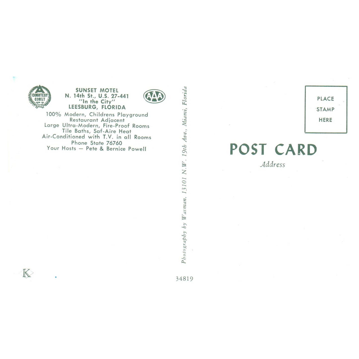 Vintage Postcard - Sunset Motel AAA Leesburg Florida TJ6-1