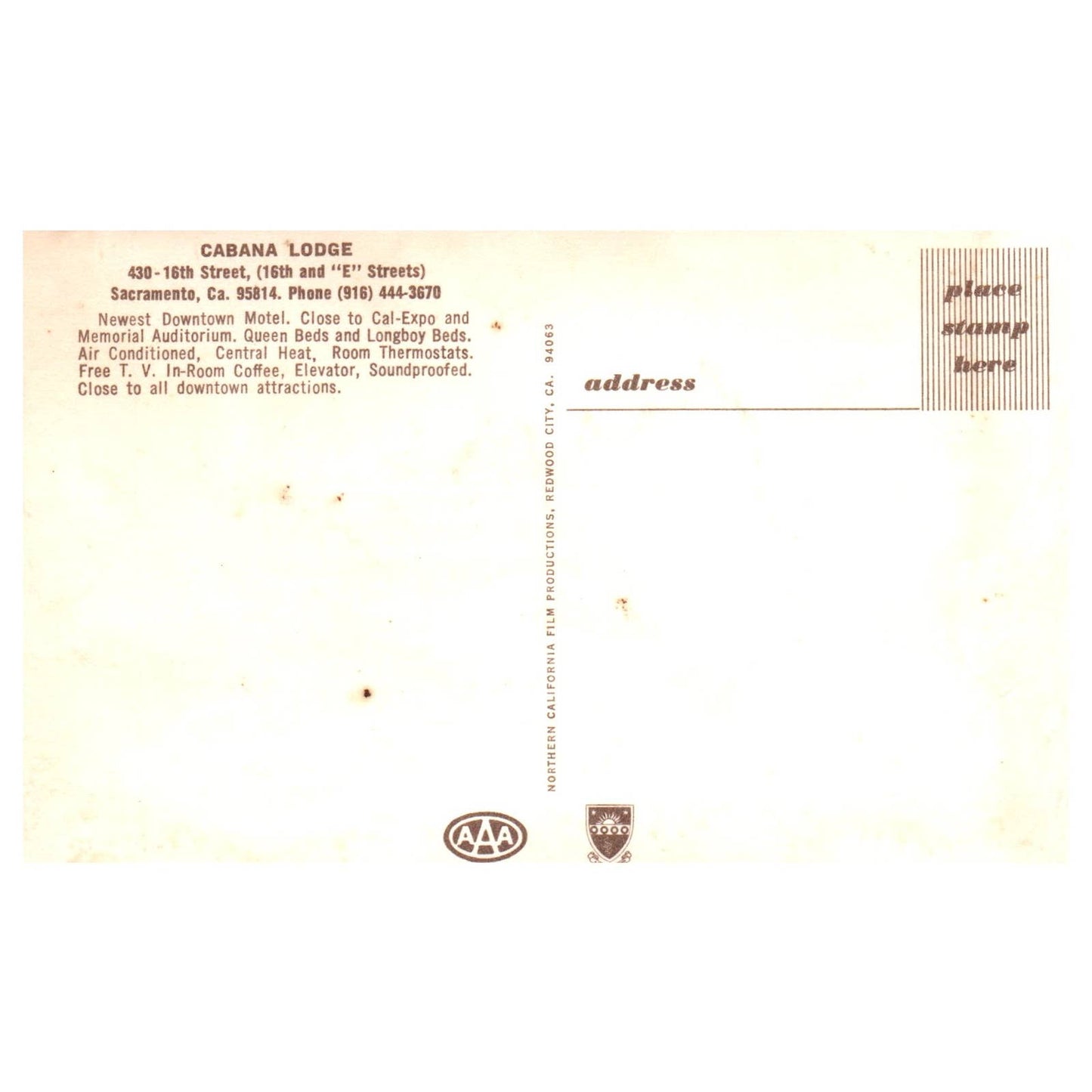 Vintage Postcard - Cabana Lodge Sacramento California AD9