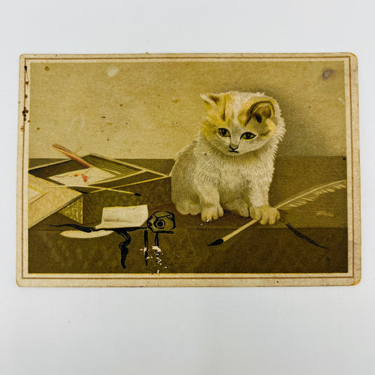 1880s Trade Card Lion Coffee Woolson Toledo Cat & Feather Dip Ink Pen SAH9-M11