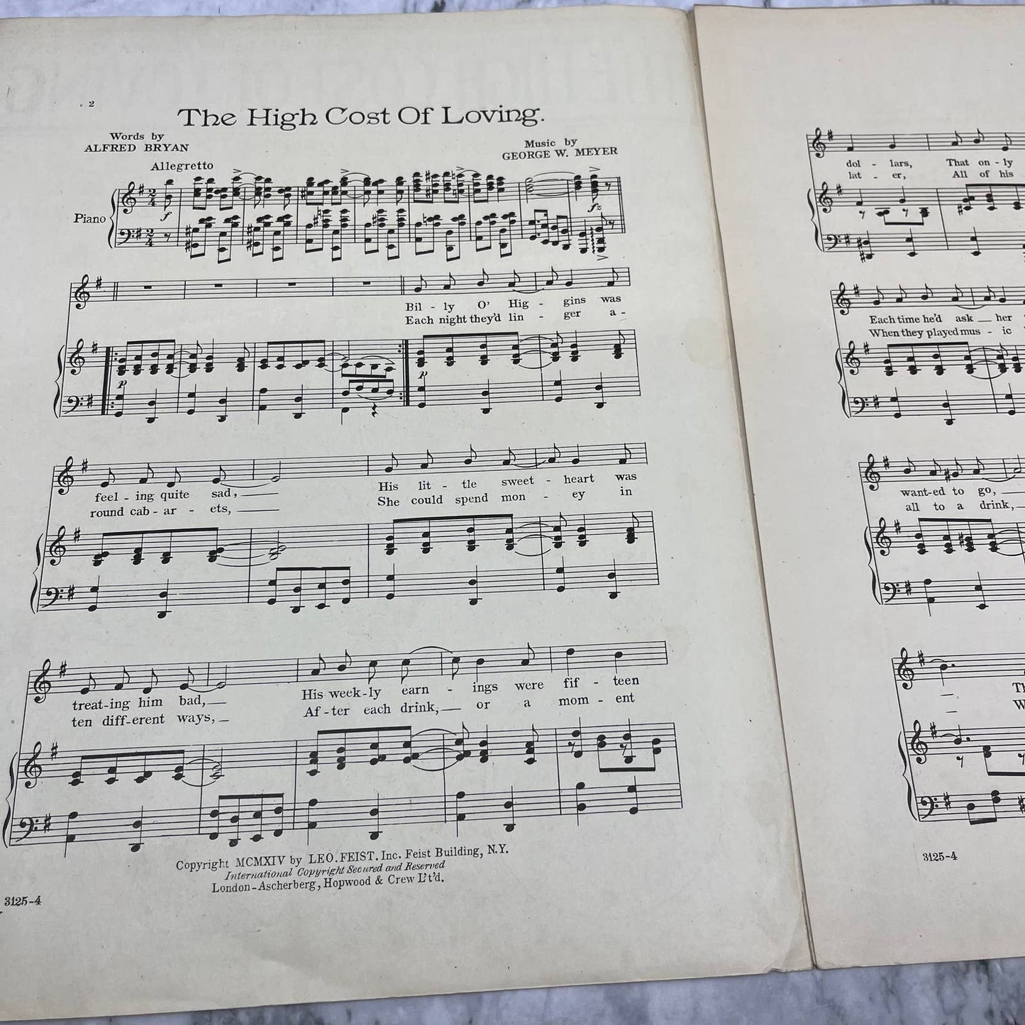 1914 Sheet Music-The High Cost of Loving- George W. Meyer Emma Carus TI1