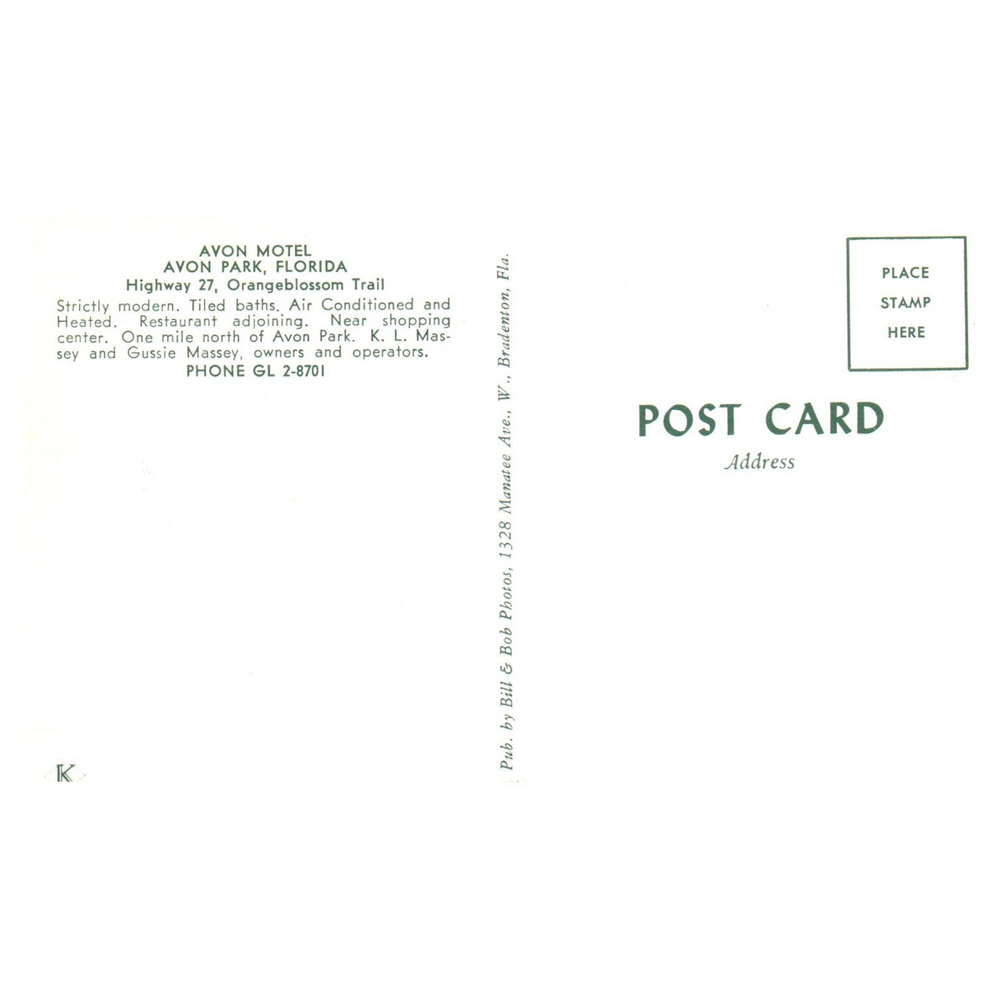 Vintage Postcard - Avon Motel Avon Park Perry Florida AD9