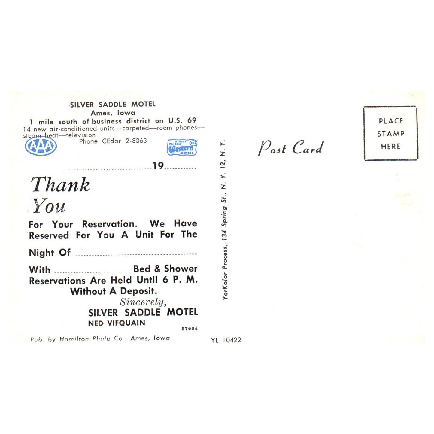 Vintage Postcard - Silver Saddle Motel Ames Iowa AD9