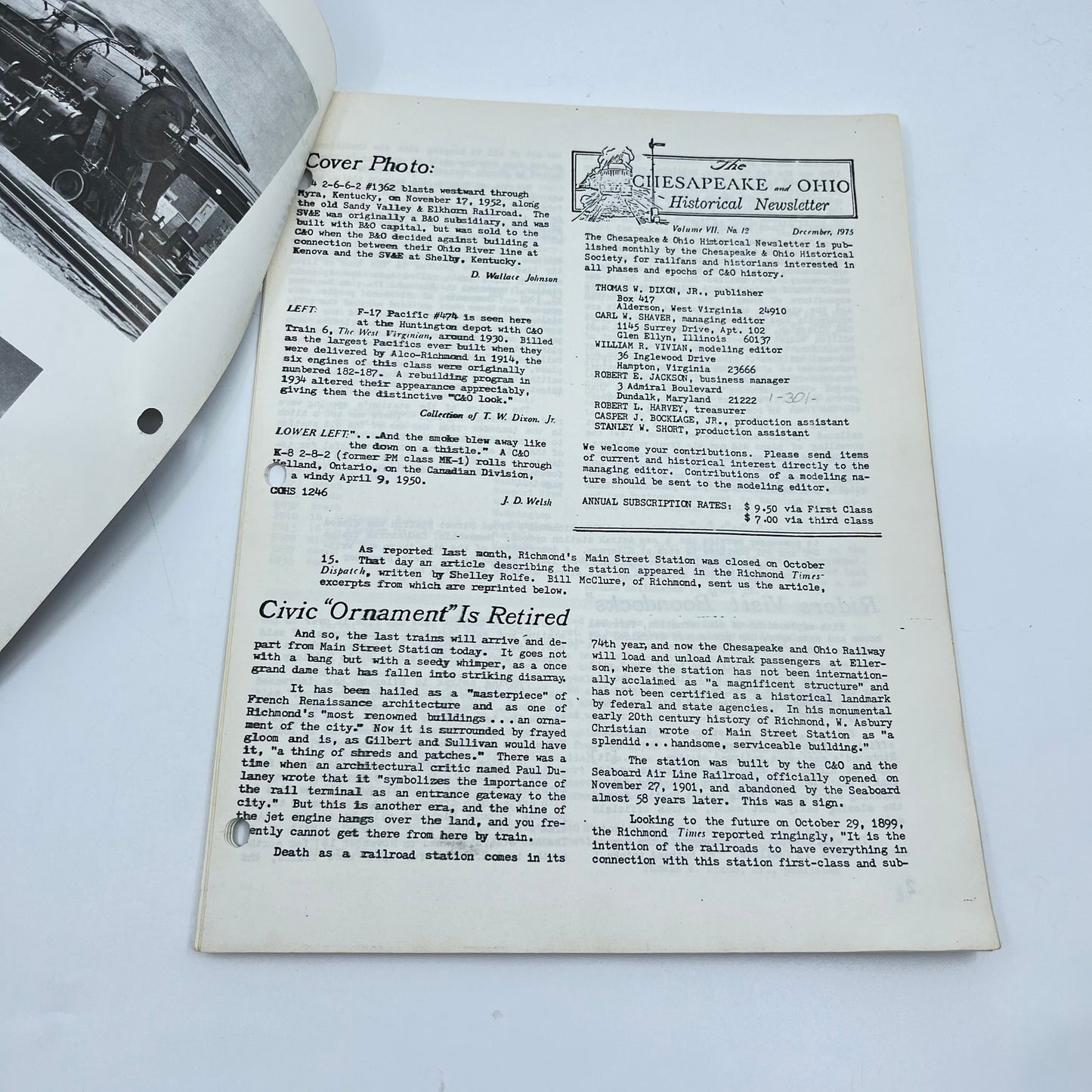 1975 Dec Chesapeake and Ohio Historical Newsletter C&O RR Thomas Dixon WV M1-2