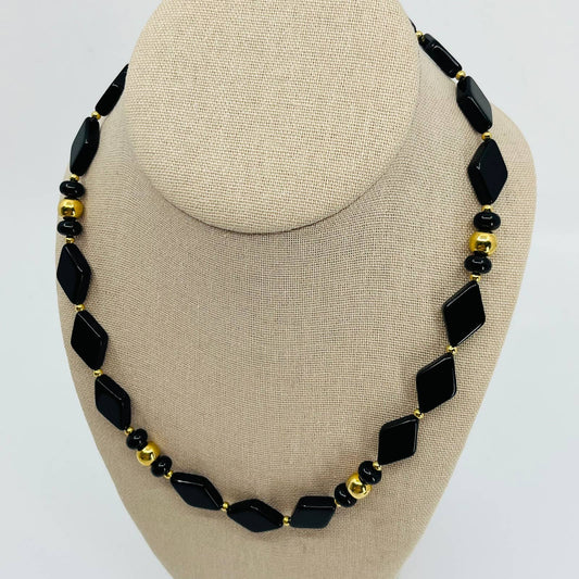 MCM Mod Trifari Black and Gold Toned Diamond Shaped Bead Necklace Necklace SB2