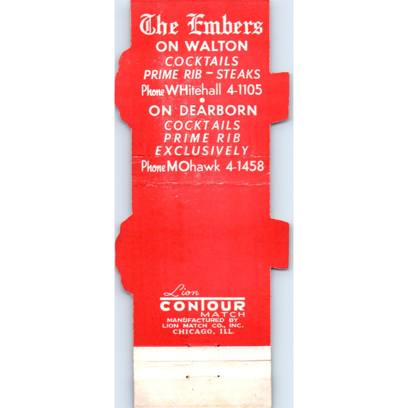 The Embers on Walton Prime Rib Chicago Die Cut Advertising Matchbook MM9-10