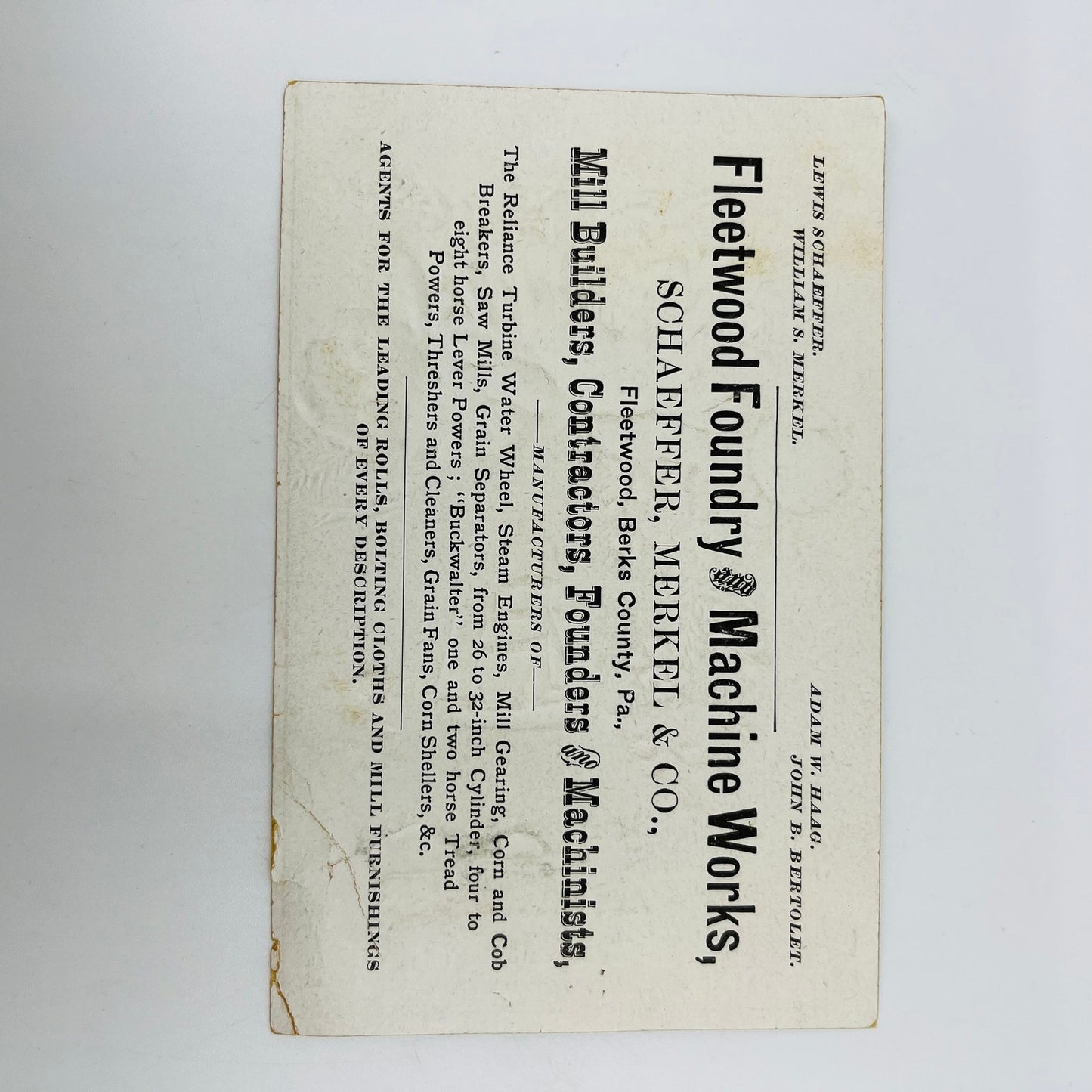 1880s Embossed Victorian Trade Card Schaefer Merkel Fleetwood Foundry PA SAH9-H7