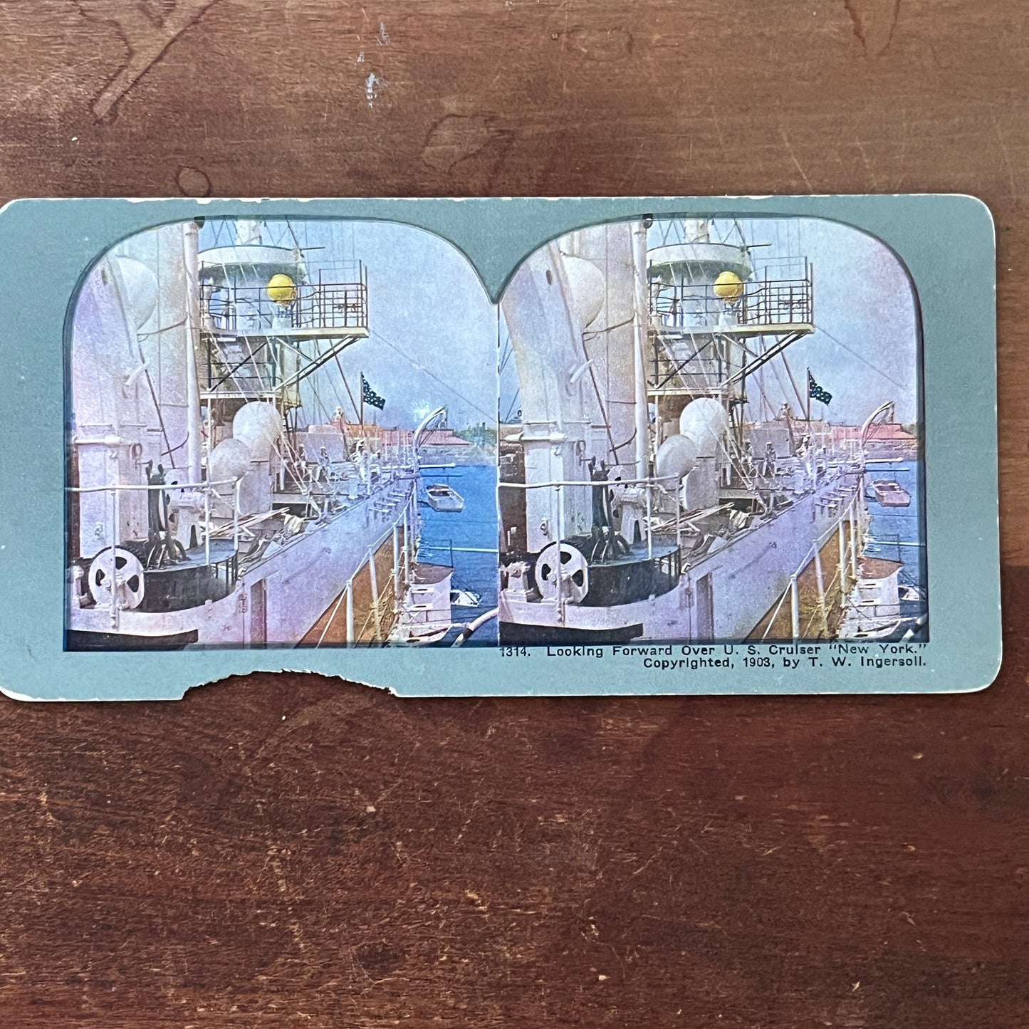Looking Forward over U.S. Cruiser New York 1903 Antique Stereoview Card H2-3
