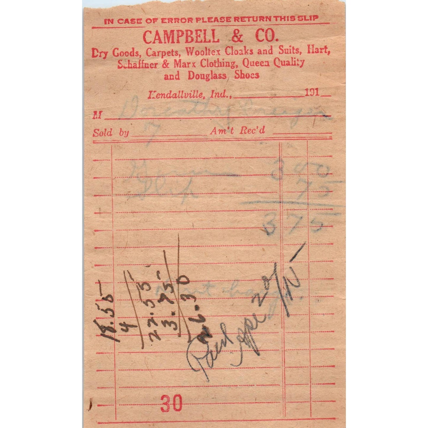 c1910 Campbell & Co. Hart Schaffner & Marx Clothes Receipt Kendallville IN AD8