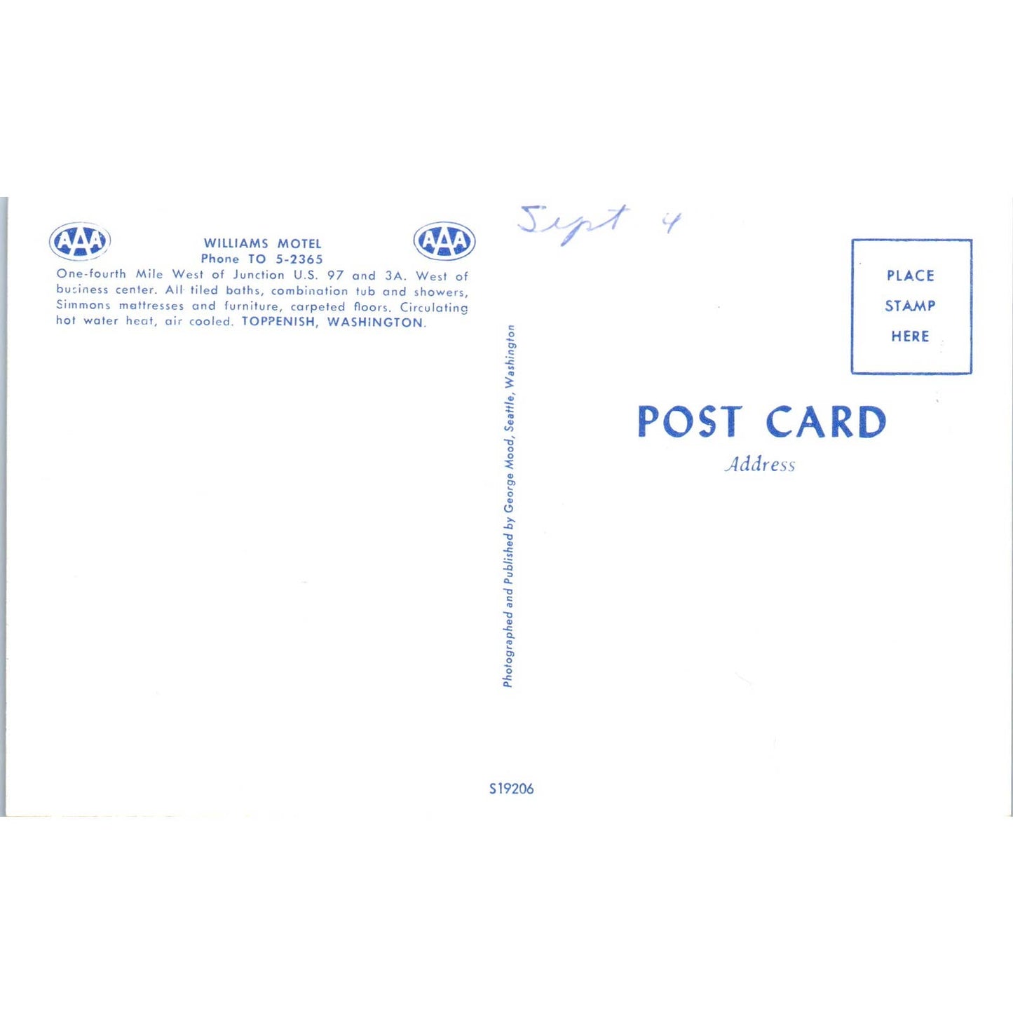 Antique Postcard Williams Motel Toppenish Washington TD9