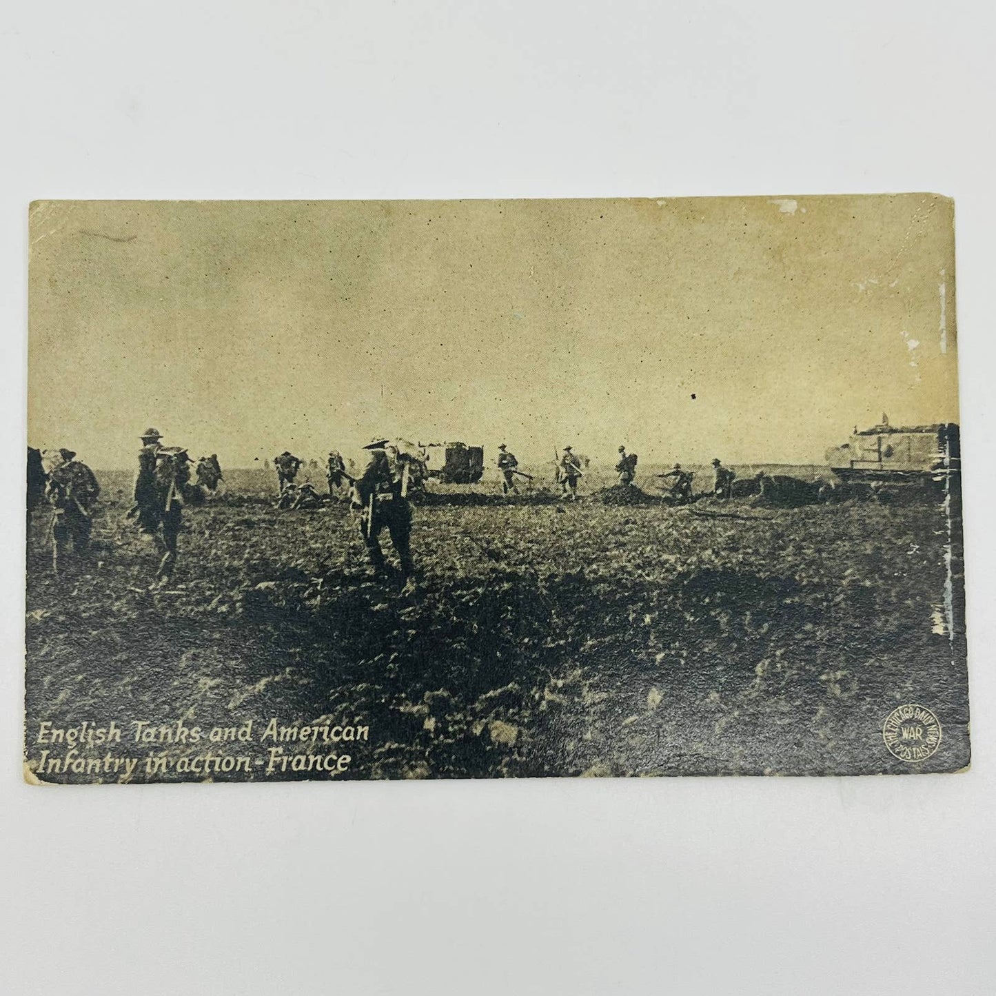 c1918 Postcard WWI English Tanks and American Inventory in Action France PA9-2