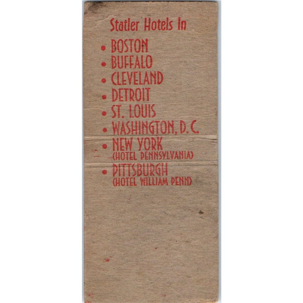Statler Hotel Pennsylvania New York Advertising Matchbook Cover MM9-4