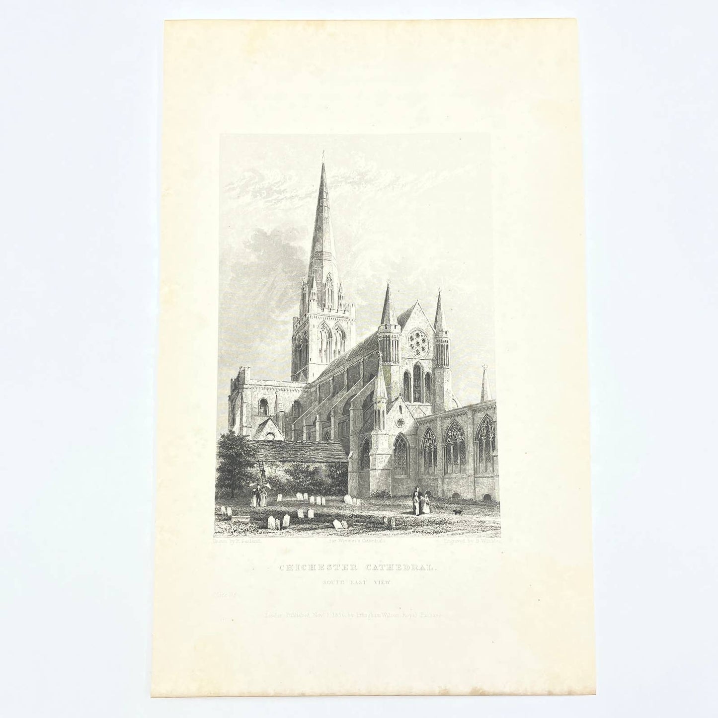 1836 Original Art Engraving Chichester Cathedral South East View AC4