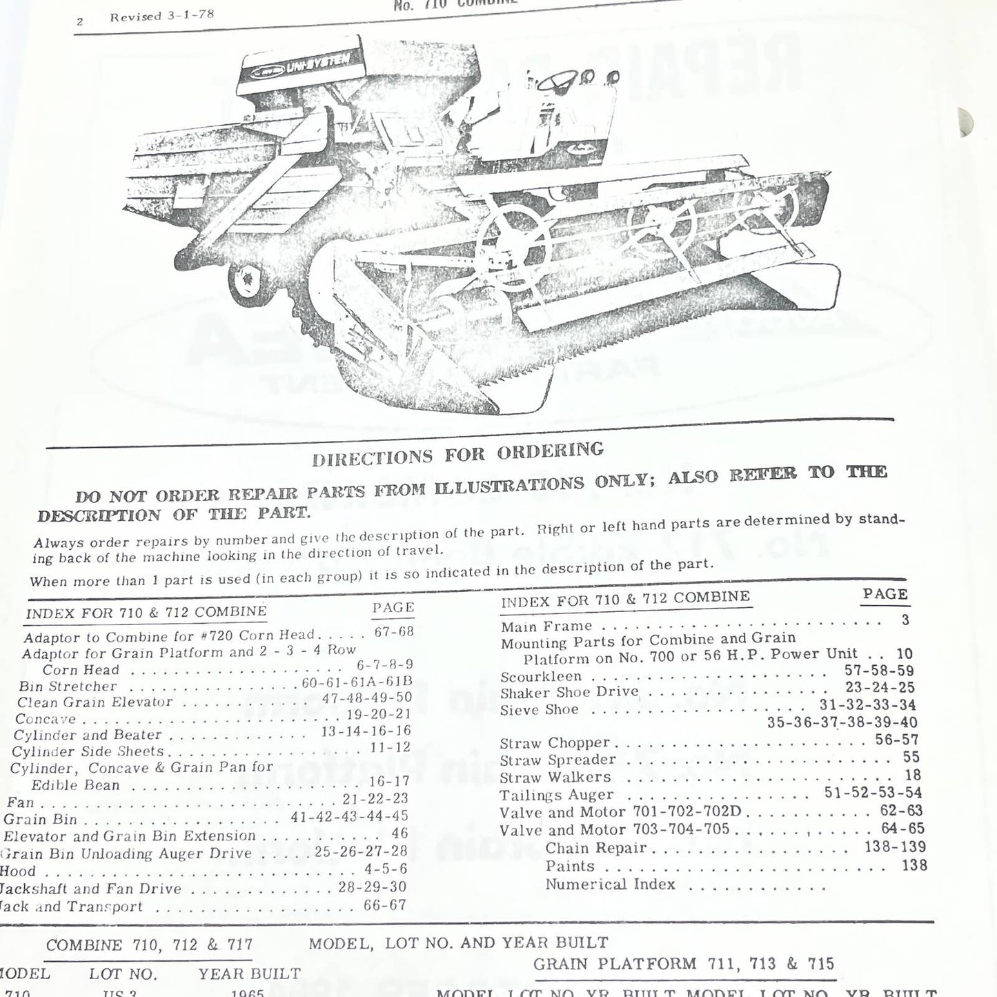 Original 1984 New Idea Repair Parts List US-33 710 Combine 712 Harvester TB9