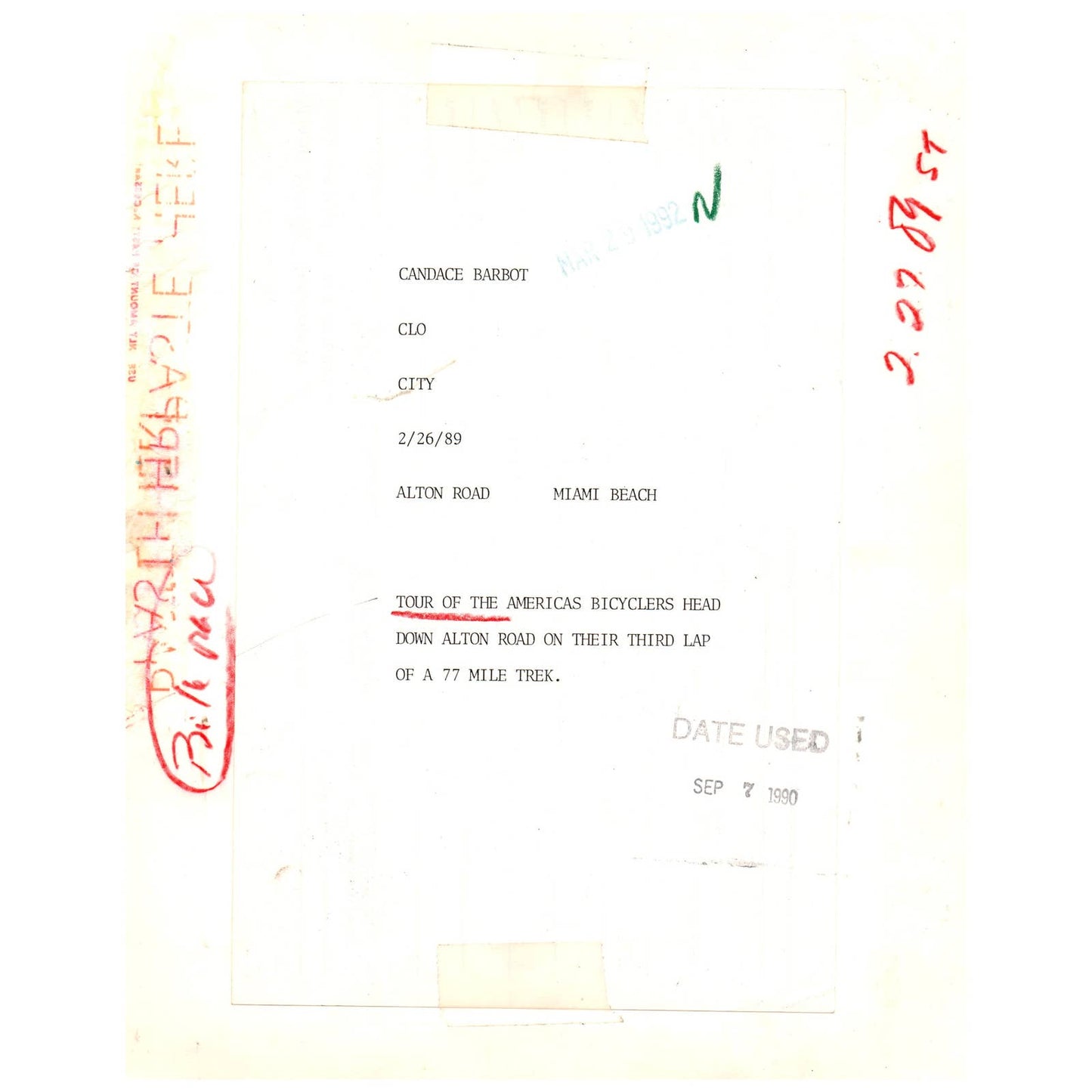 1989 Press Photo Cycling Tour of the Americas Alton Rd Miami Beach 8x10" AD3