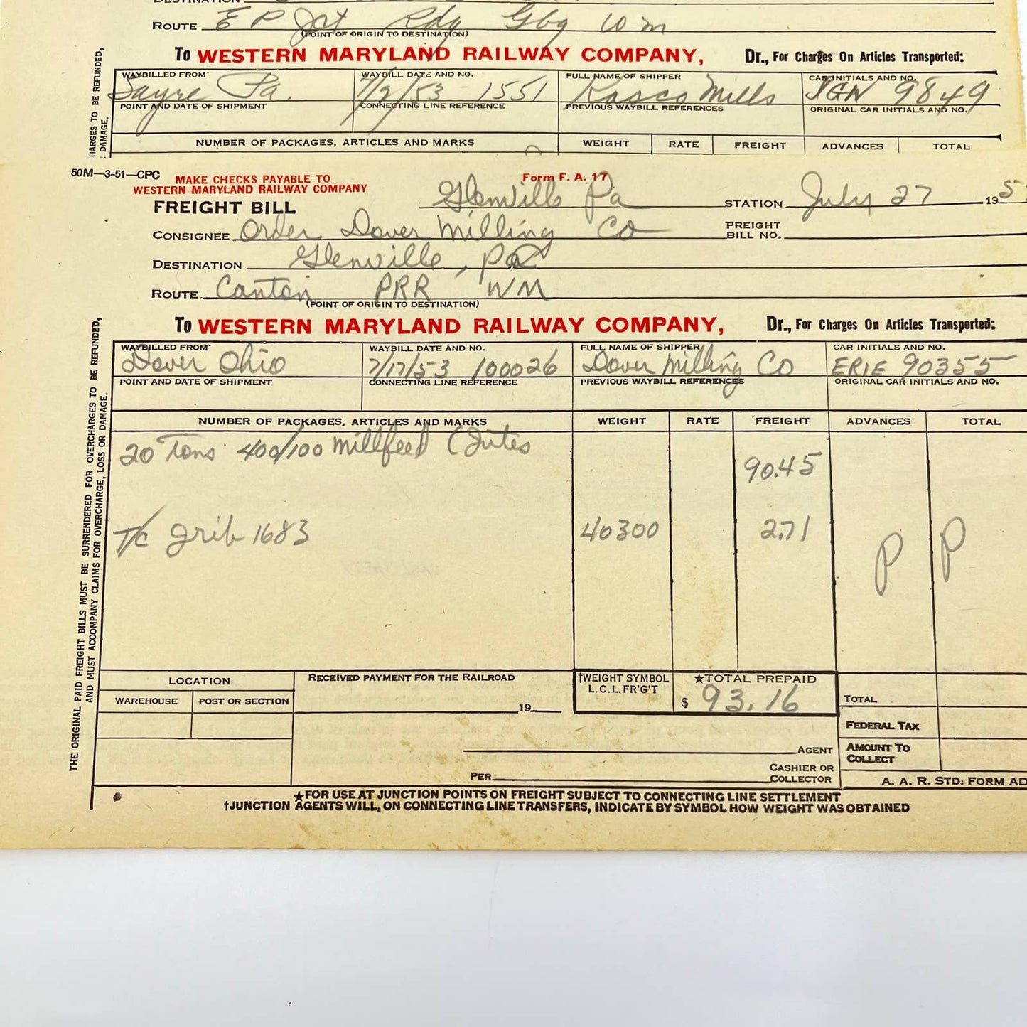 1953 Western Maryland Railway Company Bill of Freight Lot of 3 AA8
