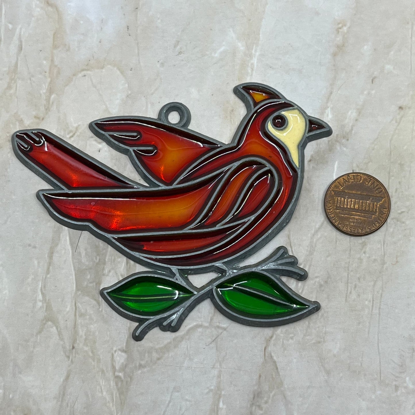 1980s Red Bird on Branch Stained Glass Suncatcher 3.5” TE5-S1