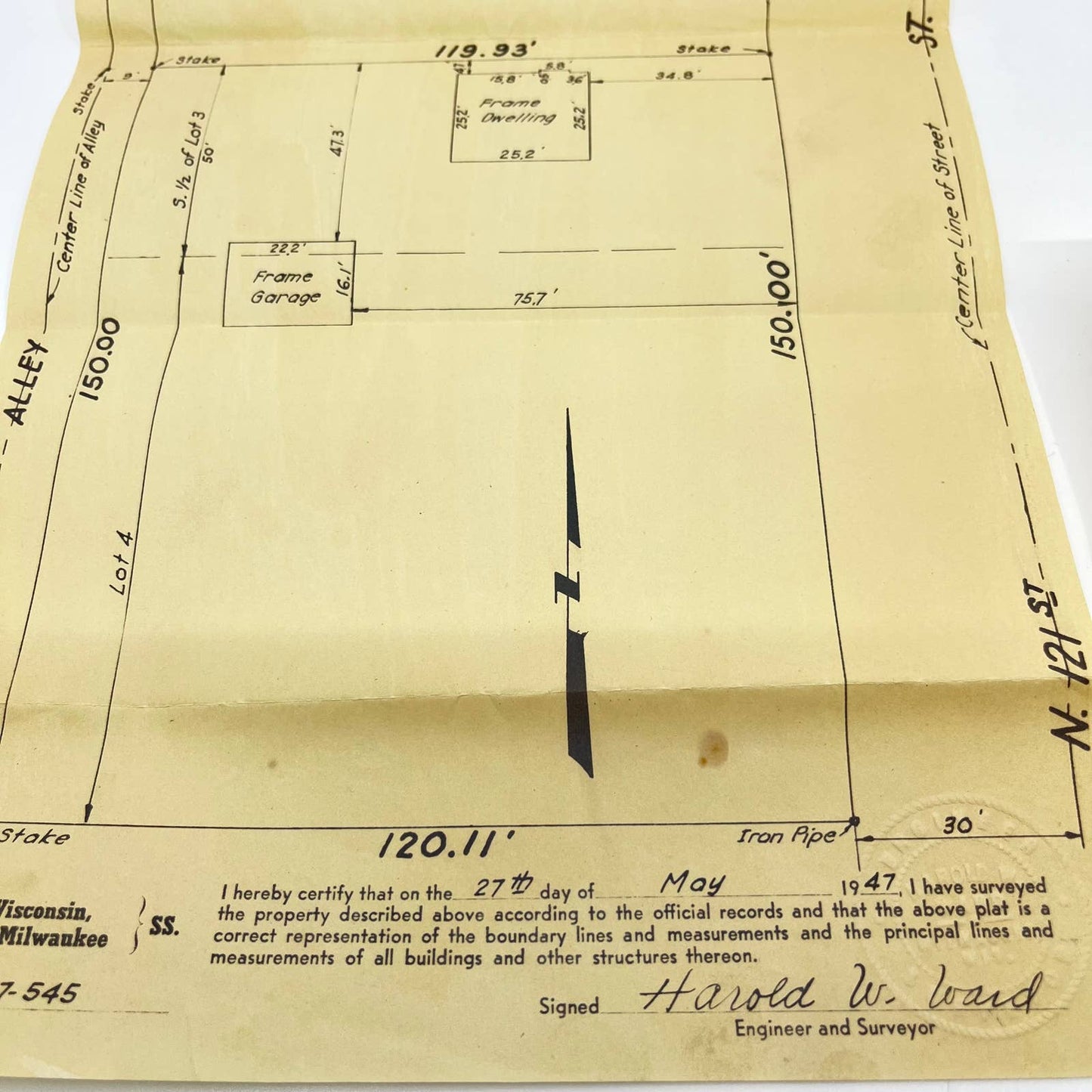 1947 Harold W. award Surveyor Plat W. Cherry St. Wauwatosa Milwaukee County AA7