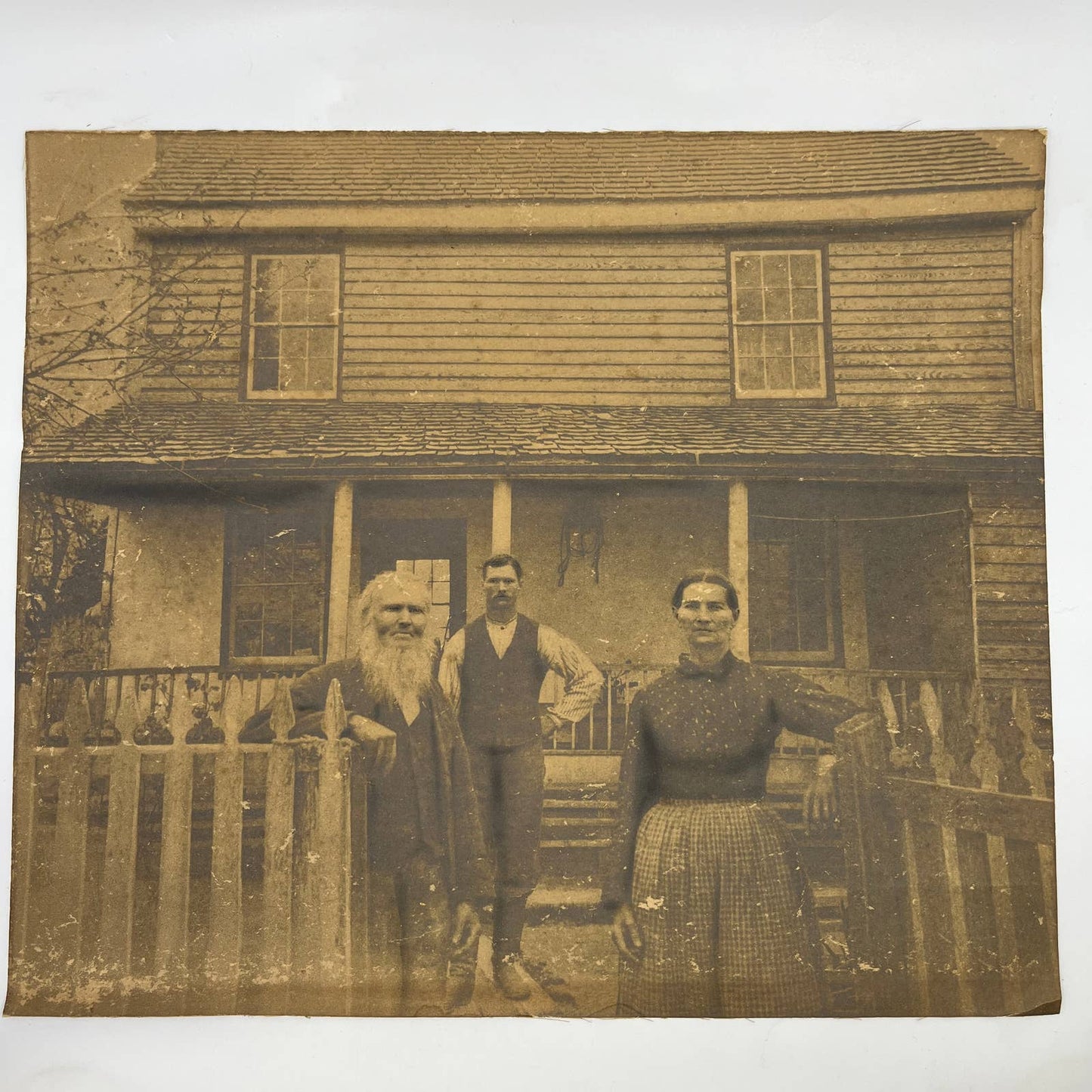 c1900 Large Photograph on Canvas Bearded Man & Family on Front Porch FL4